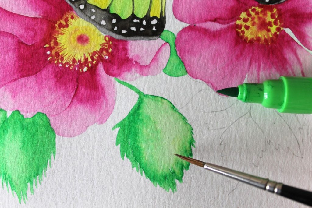 Disegno di farfalla e fiore con tecnica puntinato con pennino e chi